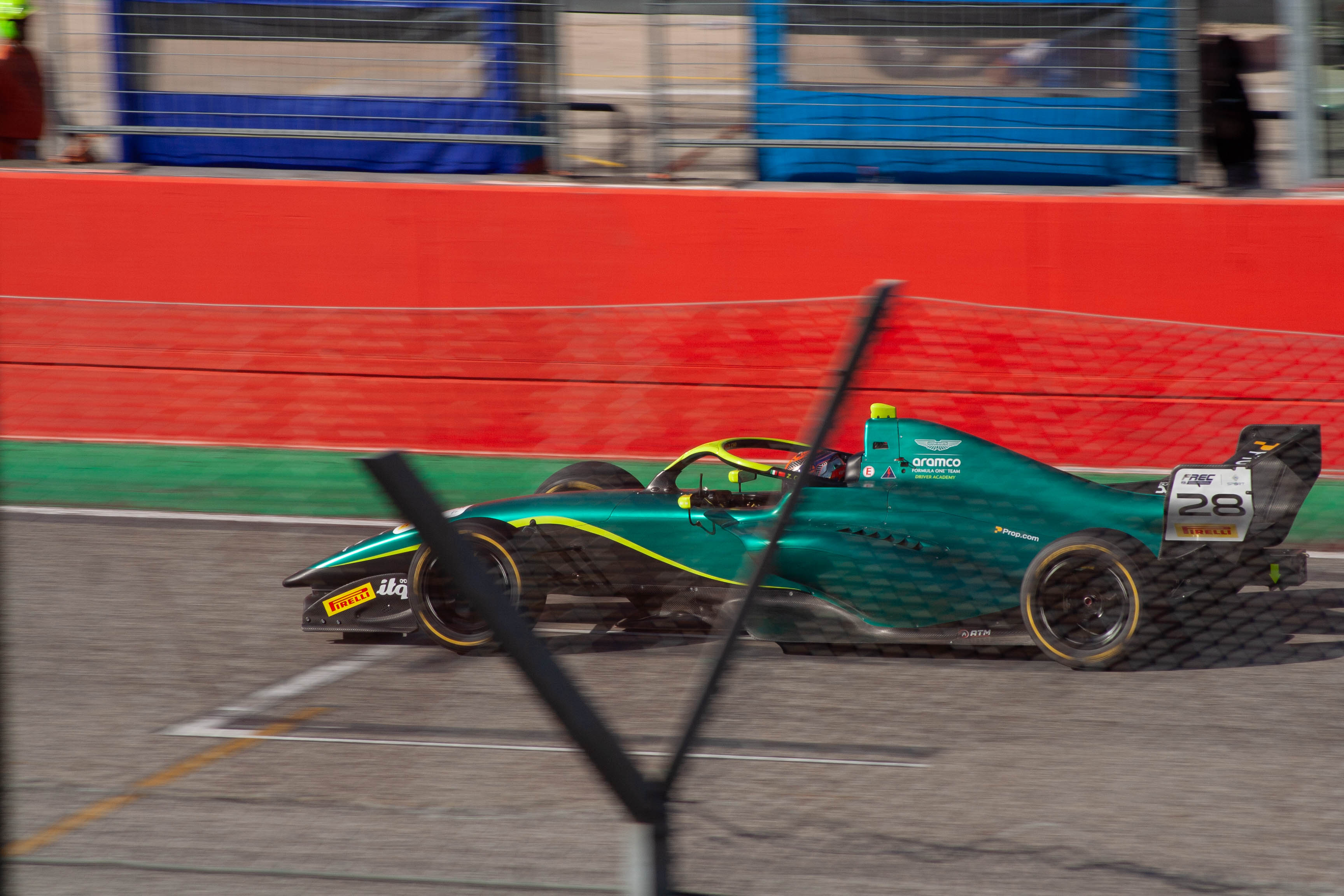 Aston Martin Driver Development Programme Formula Regional single-seater #28 speeding past the pit wall at Imola Circuit