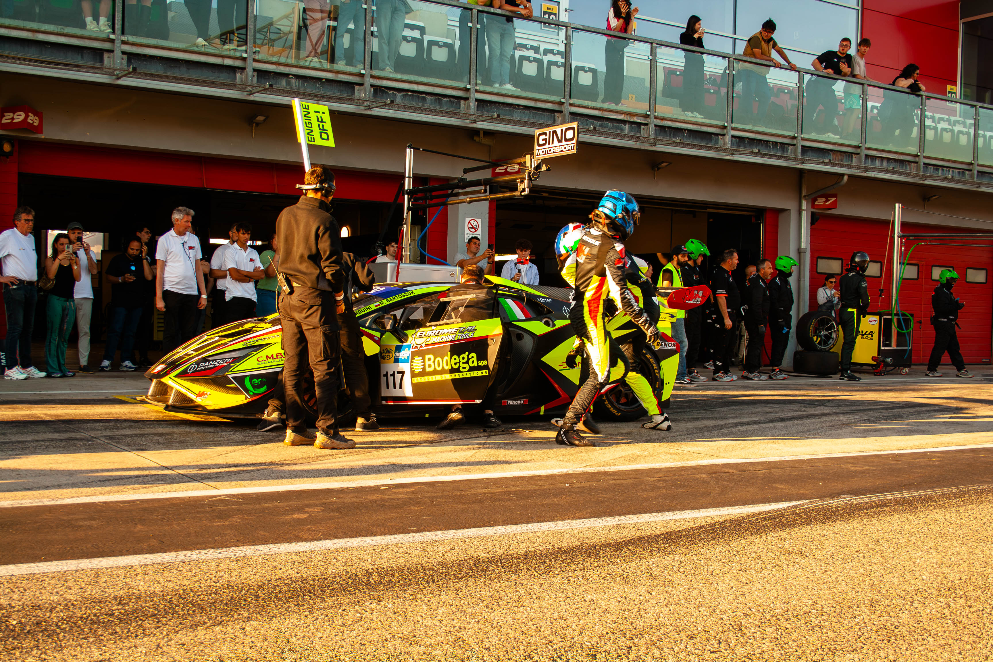 Lamborghini Huracán Super Trofeo EVO2 #117 during a pit stop in the pit lane at Imola Circuit